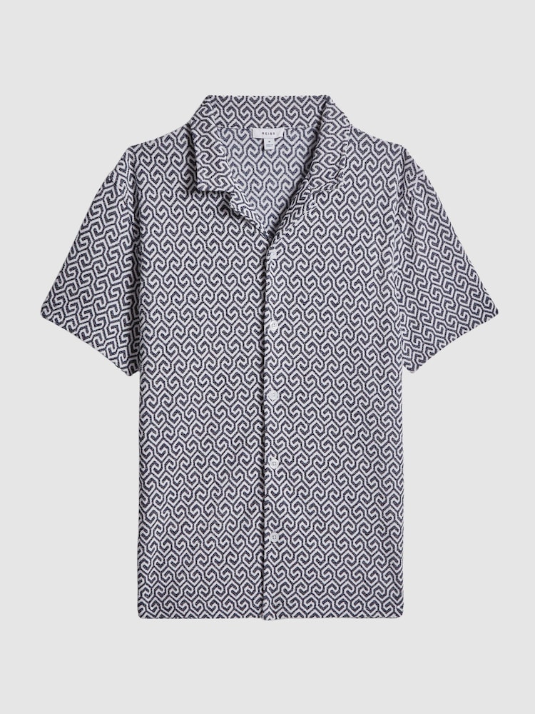 Reiss Navy/White Pitcher Slim Fit Terrycloth Cuban Collar Shirt - Image 2 of 5