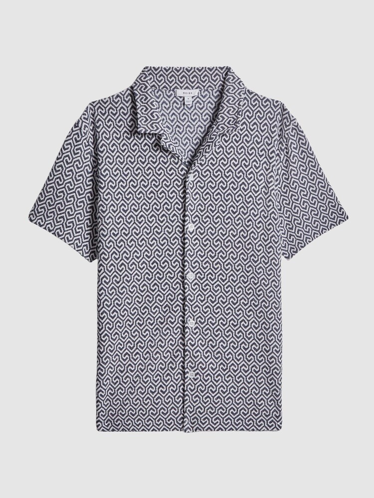 Reiss Navy/White Pitcher Slim Fit Terrycloth Cuban Collar Shirt - Image 2 of 5 Reiss Navy/White Pitcher Slim Fit Terrycloth Cuban Collar Shirt - Image 2 of 5