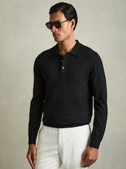 Reiss Black Trafford Merino Wool Polo Shirt - Image 1 of 7