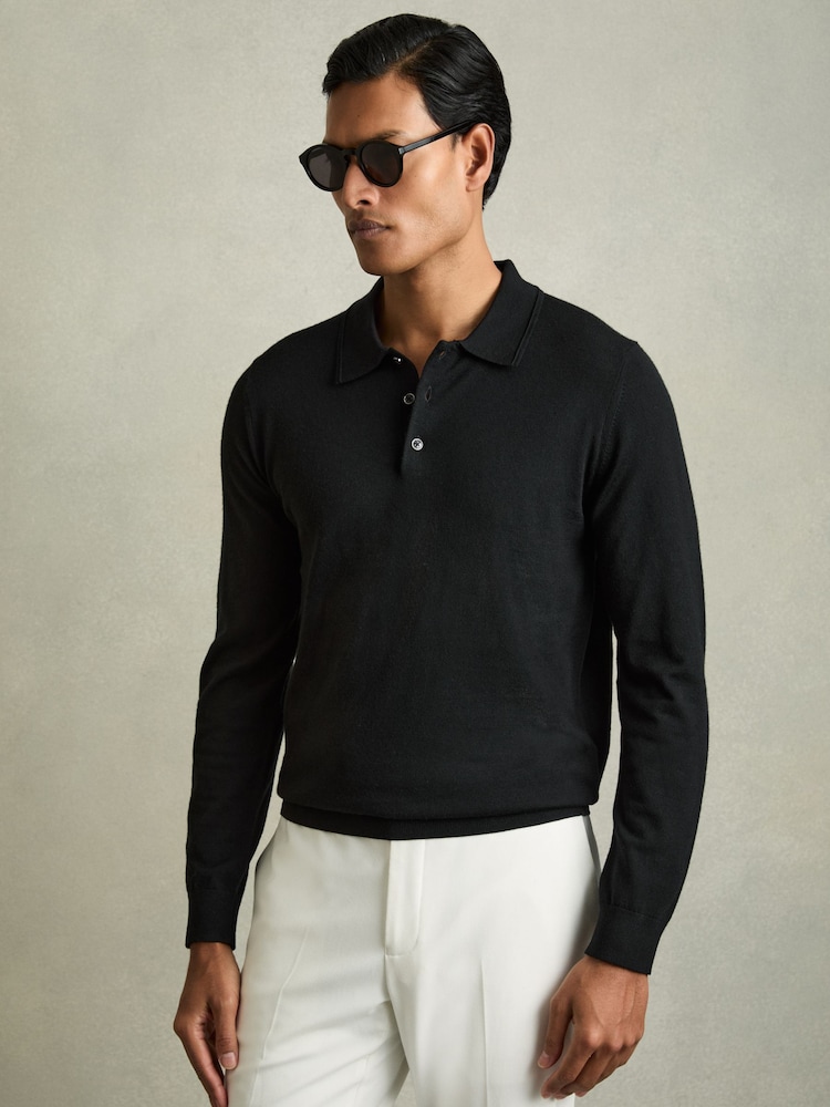 Reiss Black Trafford Merino Wool Polo Shirt - Image 1 of 7