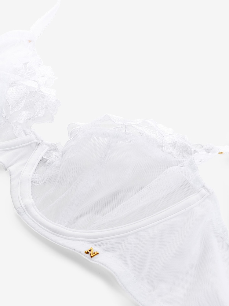 White DD+ Non Pad Plunge Floral Embroidered Bra - Image 7 of 7