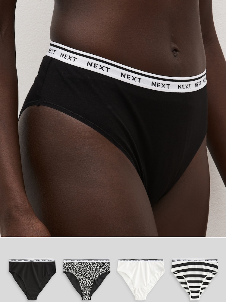 White/Black Printed High Rise High Leg Cotton Rich Logo Knickers 4 Pack - Image 1 of 10