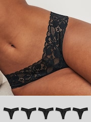 Black Thong Floral Print Lace Knickers 5 Pack - Image 1 of 6