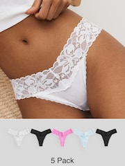 Pink/Blue/Black Thong Floral Lace Knickers 5 Pack - Image 1 of 5