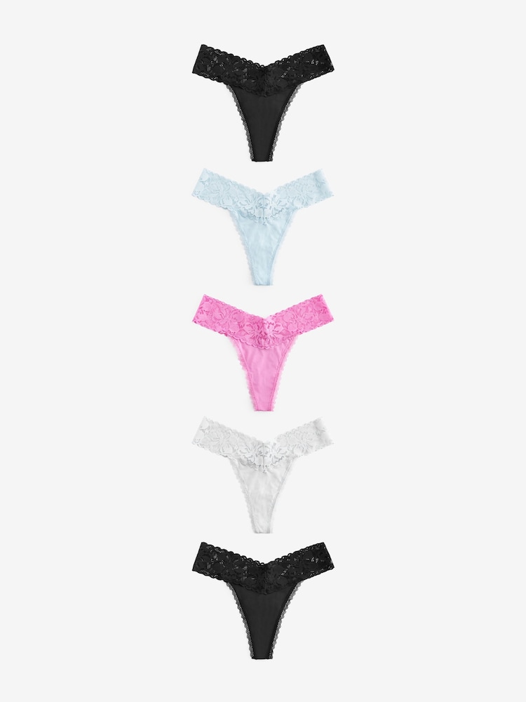 Pink/Blue/Black Thong Floral Lace Knickers 5 Pack - Image 5 of 5