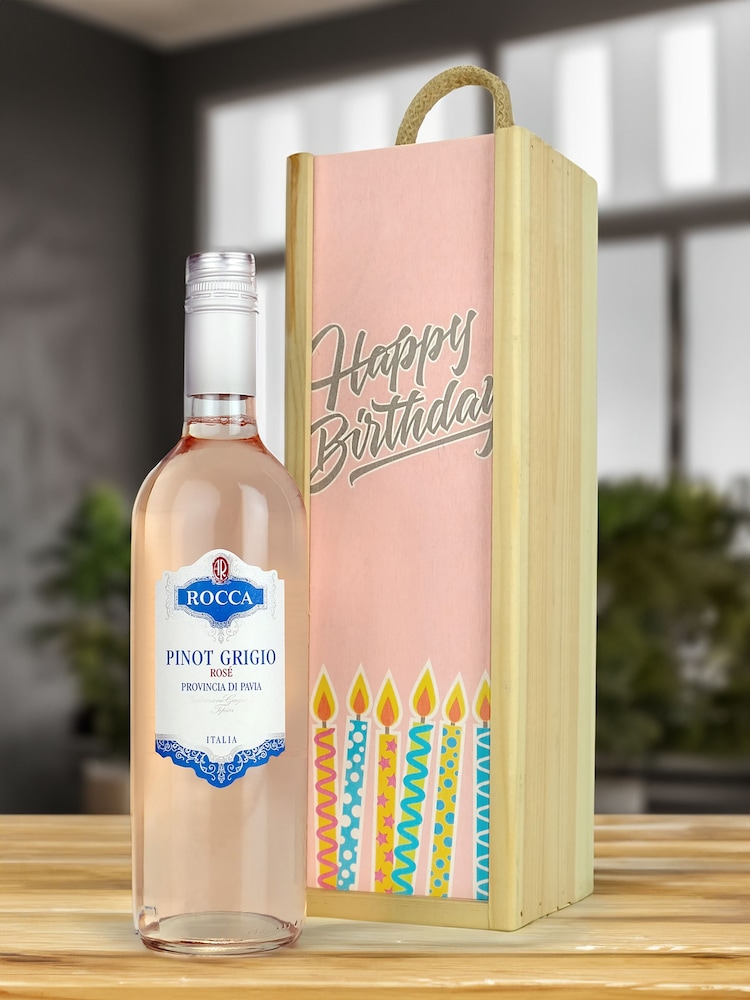 Le Bon Vin Happy Birthday Pinot Grigio Rose, Wood Boxed Wine Gift - Image 1 of 2