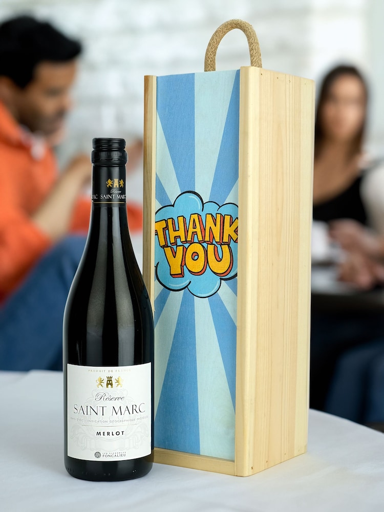 Le Bon Vin Thank you Reserve Merlot, Wooden Boxed Wine Gift - Image 1 of 2