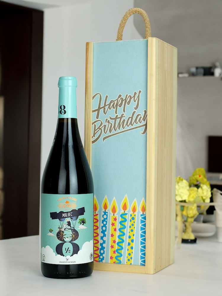 Le Bon Vin Happy Birthday Malbec Wooden Boxed Wine Gift - Image 1 of 2
