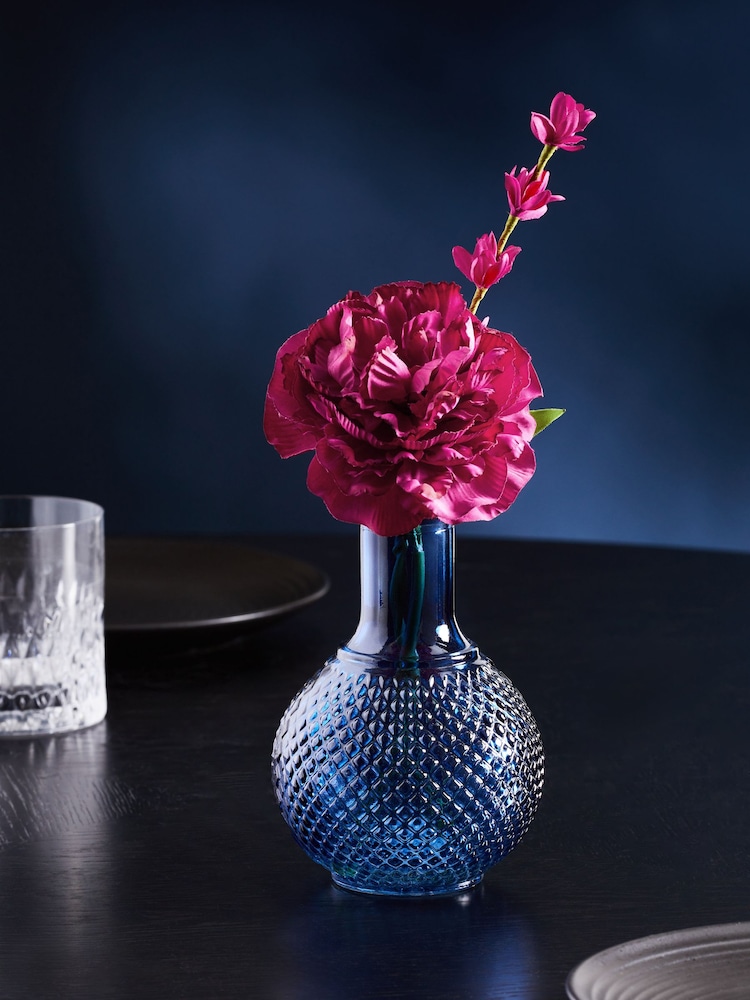 Pink Artificial Peony In Navy Glass Vase - Image 1 of 3