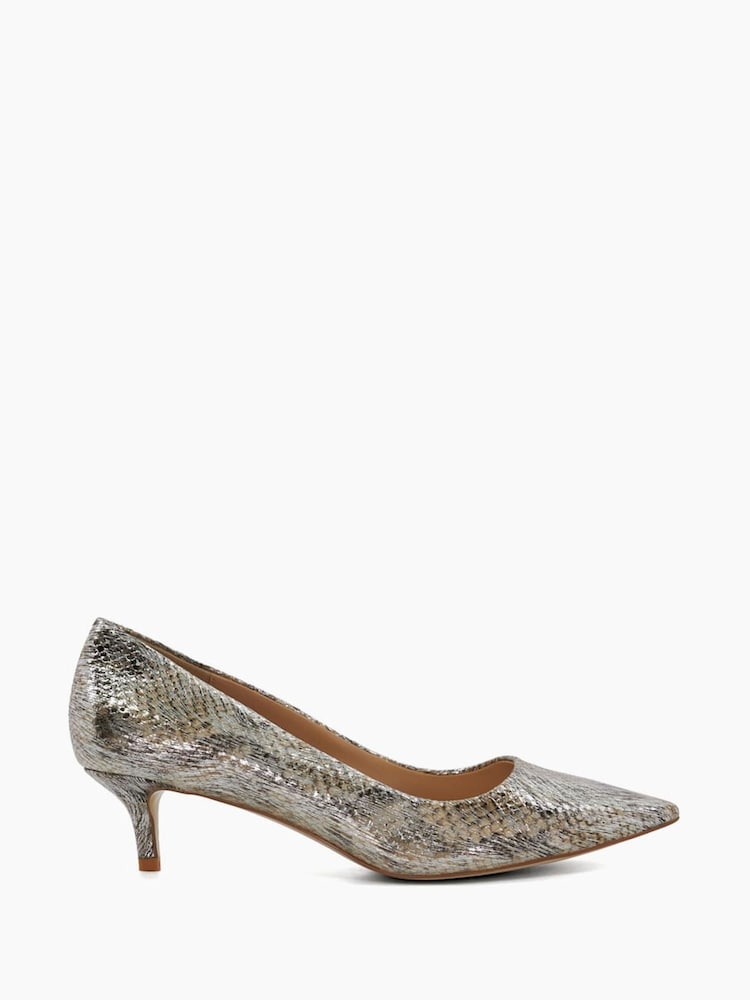 Dune London Silver Advanced Mid Heel Court Shoes - Image 1 of 6 Dune London Silver Advanced Mid Heel Court Shoes - Image 1 of 6