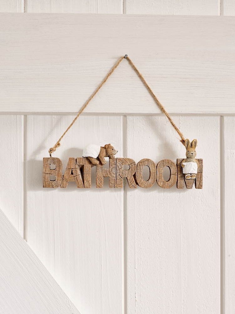 Natural Bertie Bear and Rosie Rabbit Hanging Bathroom Sign - Image 1 of 3