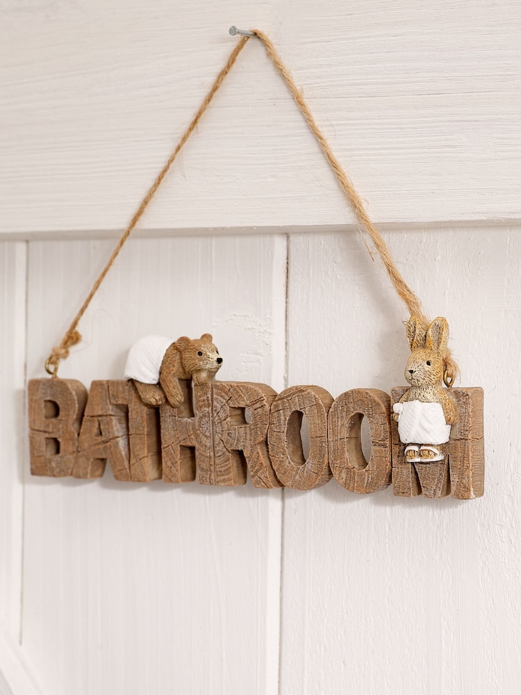 Natural Bertie Bear and Rosie Rabbit Hanging Bathroom Sign - Image 2 of 3