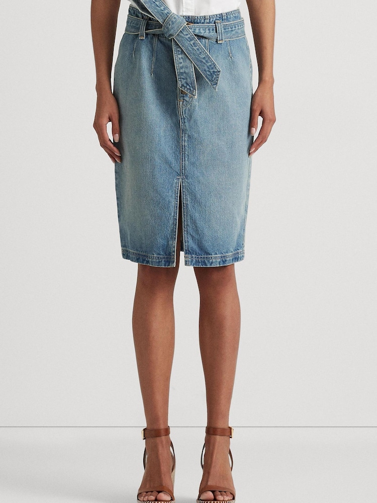 Lauren Ralph Lauren Blue Fereniki Belted Denim Pencil Skirt - Image 1 of 7