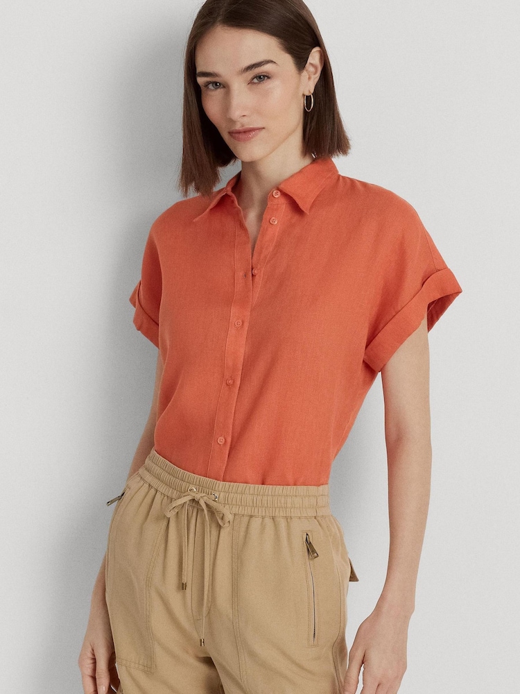 Lauren Ralph Lauren Orange Broono Linen Short Sleeve Shirt - Image 1 of 8