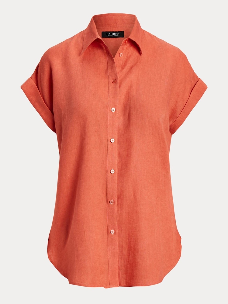 Lauren Ralph Lauren Orange Broono Linen Short Sleeve Shirt - Image 8 of 8