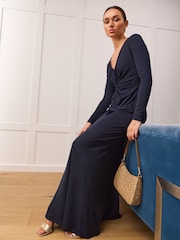 Lauren Ralph Lauren Navy Blue Nadira Twist Front Stretch Jersey Gown - Image 1 of 10