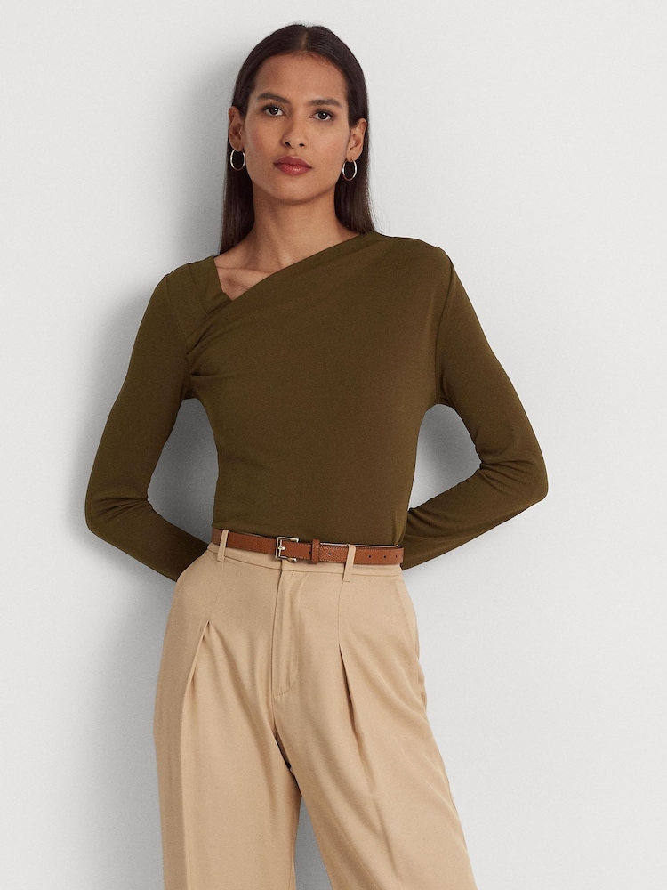 Lauren Ralph Lauren Blue Edreane Pleated Stretch Jersey Top - Image 1 of 8