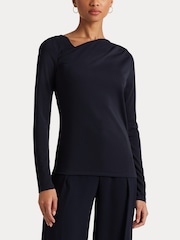 Lauren Ralph Lauren Blue Edreane Pleated Stretch Jersey Top - Image 7 of 9