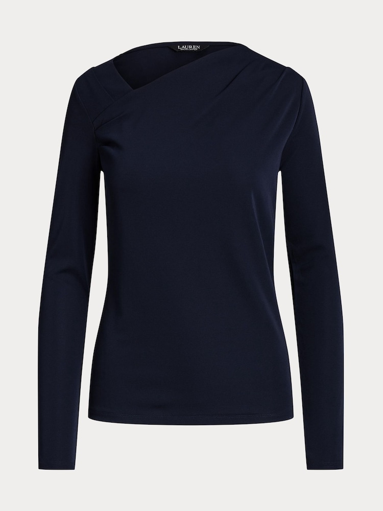 Lauren Ralph Lauren Blue Edreane Pleated Stretch Jersey Top - Image 9 of 9