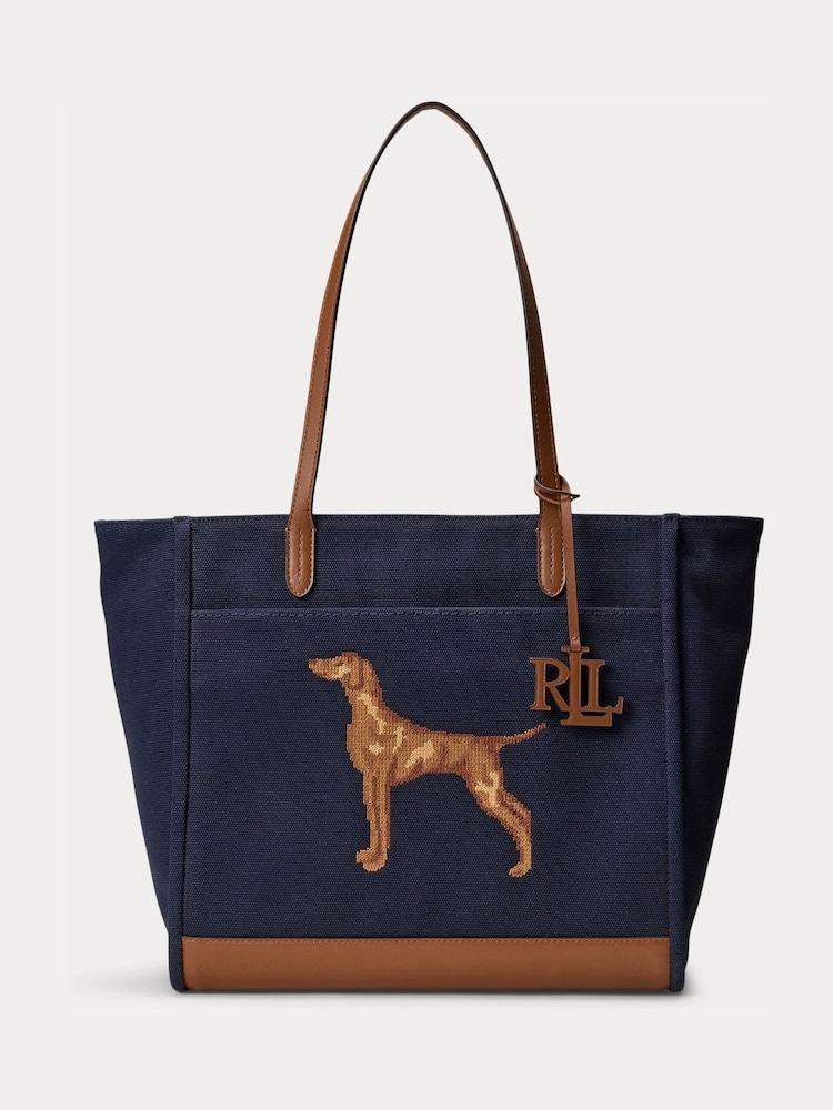 Lauren Ralph Lauren Blue Cameryn Viszla Print Leather Trim Tote Bag - Image 1 of 4