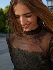 Black Long Sleeve Mesh Lace Top - Image 3 of 6