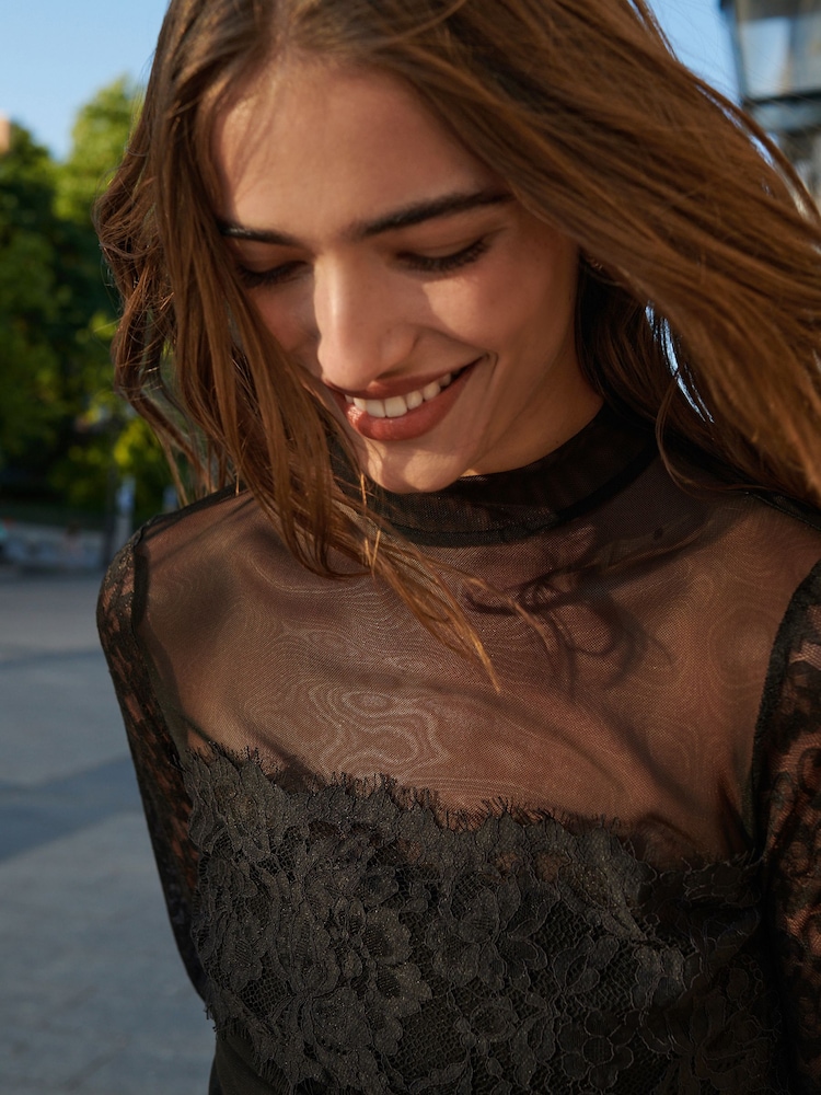 Black Long Sleeve Mesh Lace Top - Image 3 of 6
