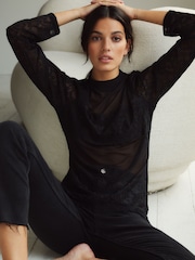 Black Long Sleeve Mesh Lace Top - Image 4 of 6