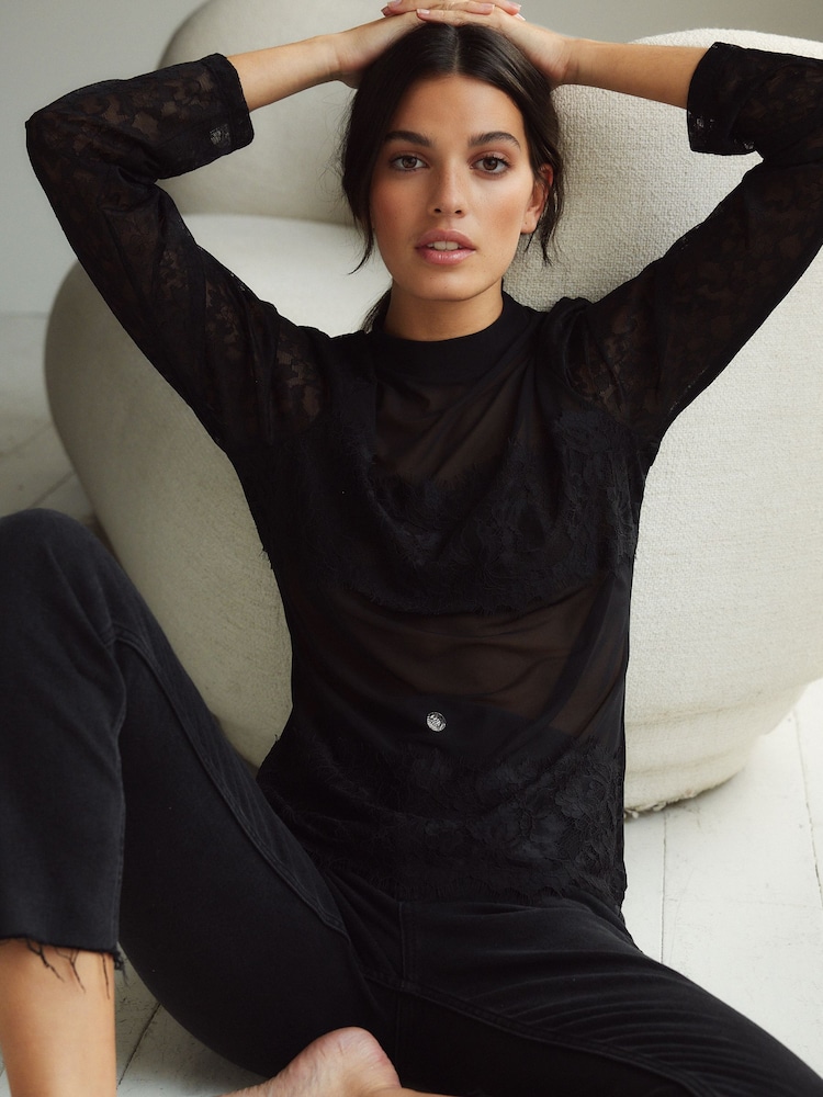 Black Long Sleeve Mesh Lace Top - Image 4 of 6