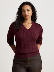 Lauren Ralph Lauren Red Meren Cotton Blend V-Neck Sweater with Crest - Image 1 of 3