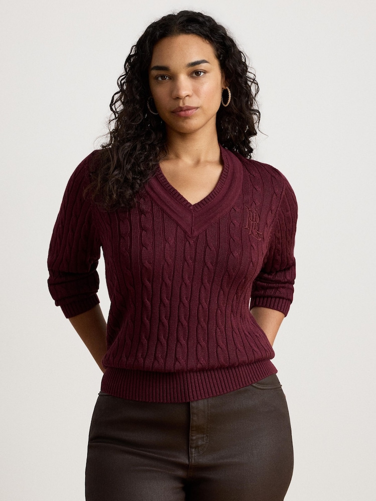Lauren Ralph Lauren Red Meren Cotton Blend V-Neck Sweater with Crest - Image 1 of 3 Lauren Ralph Lauren Red Meren Cotton Blend V-Neck Sweater with Crest - Image 1 of 3
