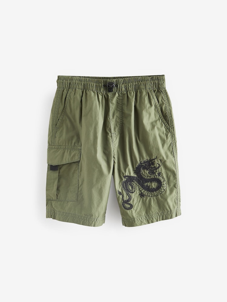 Khaki Green Dragon Embrodiary Pull On Shorts (3-16yrs) - Image 1 of 3