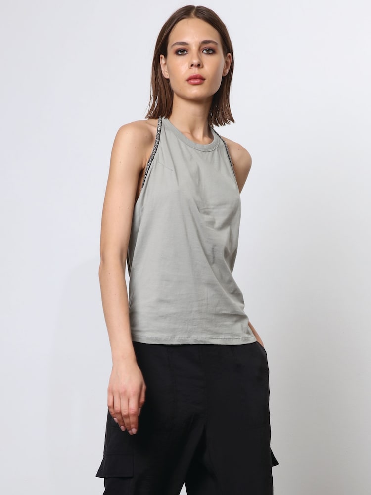 Religion Grey Beaded Open Back Halter Neck Jersey Top - Image 1 of 6