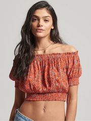 Superdry Orange Smocked Short Sleeve Crop Top - Image 1 of 6