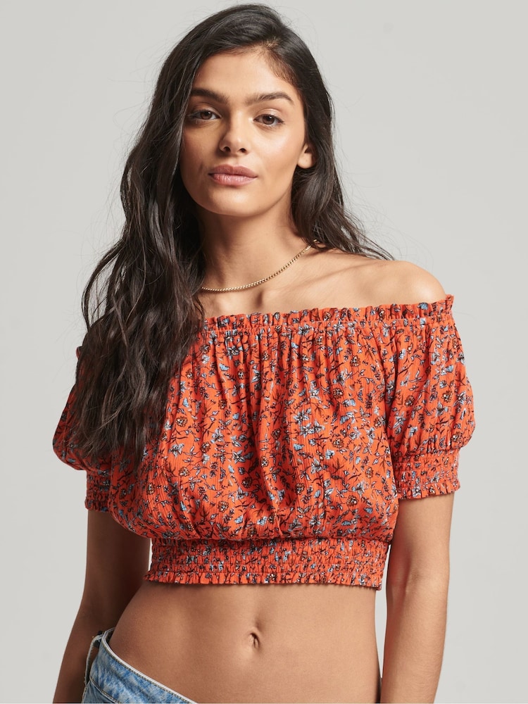Superdry Orange Smocked Short Sleeve Crop Top - Image 1 of 6