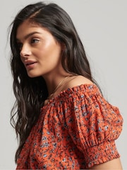 Superdry Orange Smocked Short Sleeve Crop Top - Image 5 of 6