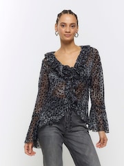 River Island Black Corsage Printed Frill 100% Cotton Blouse - Image 1 of 3