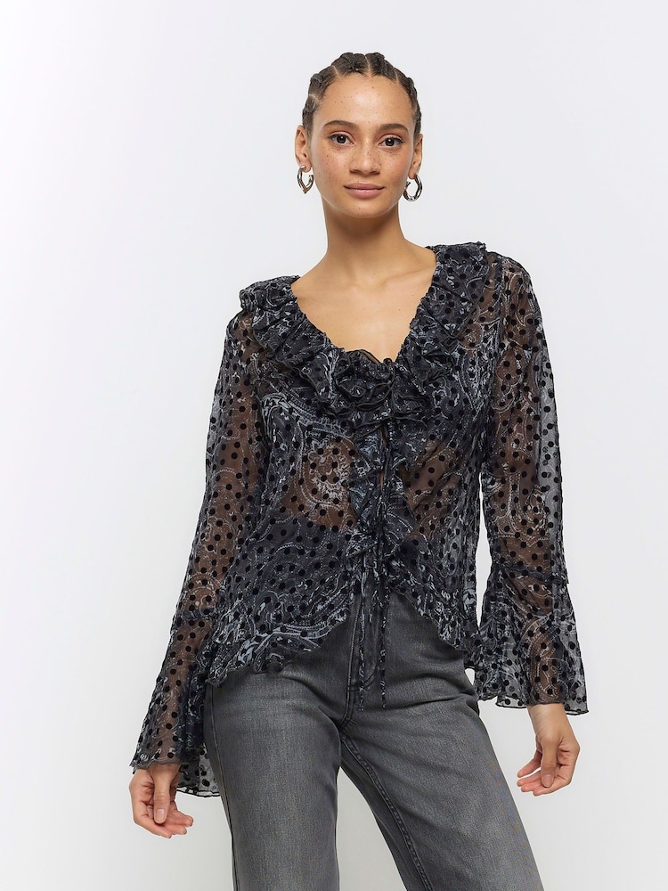 River Island Black Corsage Printed Frill 100% Cotton Blouse - Image 1 of 3