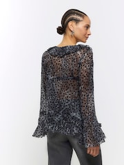 River Island Black Corsage Printed Frill 100% Cotton Blouse - Image 2 of 3