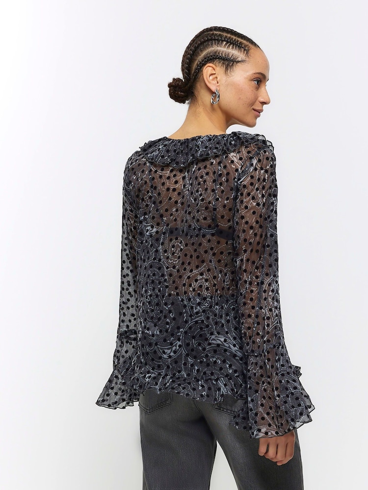 River Island Black Corsage Printed Frill 100% Cotton Blouse - Image 2 of 3