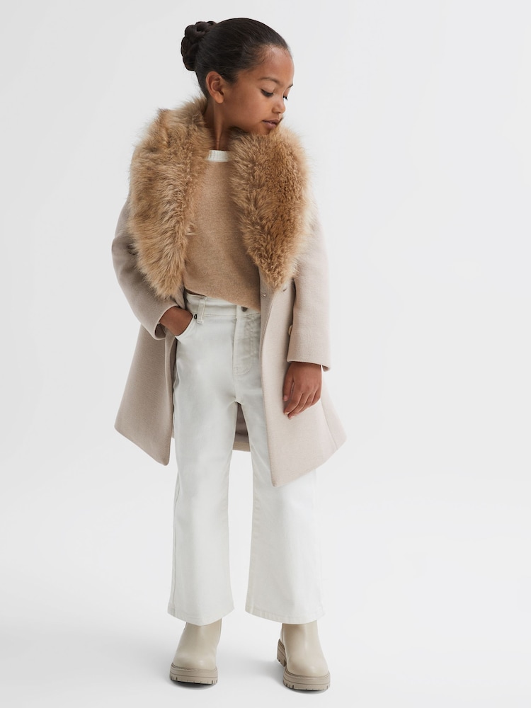 Reiss Oatmeal Brooks Senior Fur Collar Wool Coat - Image 1 of 7