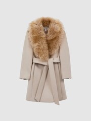 Reiss Oatmeal Brooks Senior Fur Collar Wool Coat - Image 2 of 7