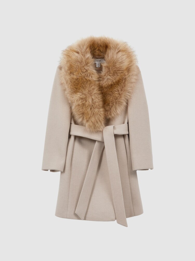 Reiss Oatmeal Brooks Senior Fur Collar Wool Coat - Image 2 of 7