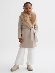 Reiss Oatmeal Brooks Senior Fur Collar Wool Coat - Image 6 of 7