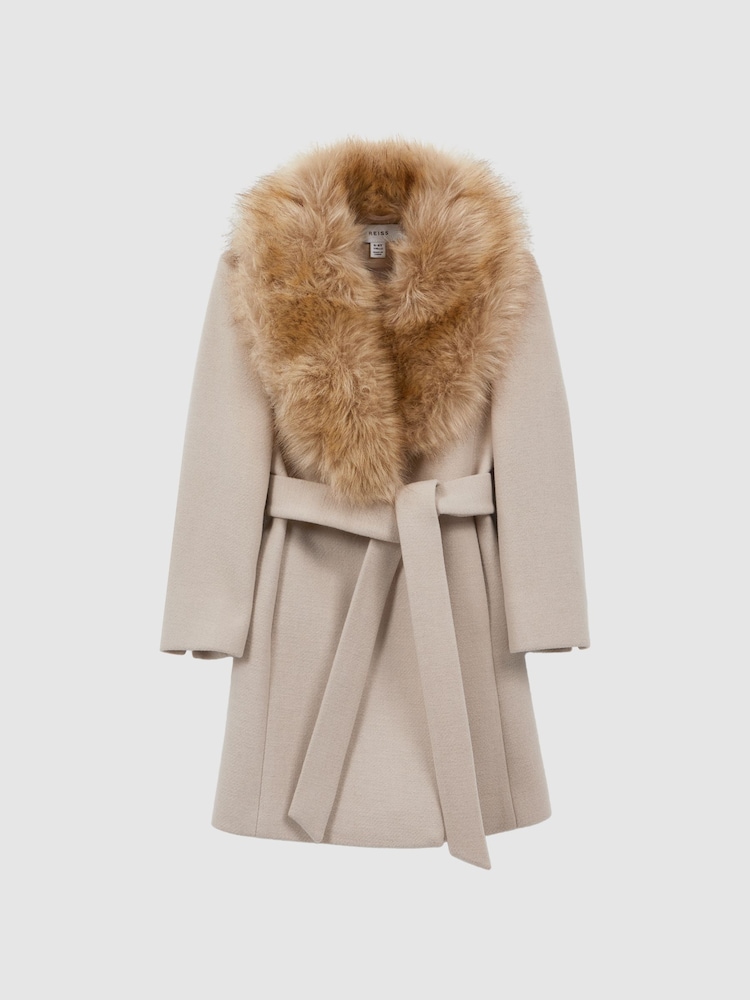 Reiss Oatmeal Brooks Junior Faux Fur Collar Wool Coat - Image 2 of 7