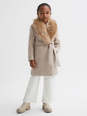 Reiss Oatmeal Brooks Junior Faux Fur Collar Wool Coat - Image 6 of 7
