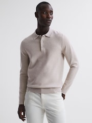 Reiss Oatmeal Melange Sharp Long Sleeve Polo Shirt - Image 1 of 6