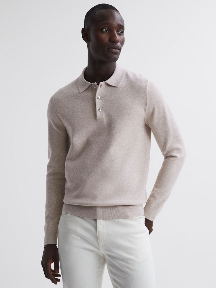 Reiss Oatmeal Melange Sharp Long Sleeve Polo Shirt - Image 1 of 6