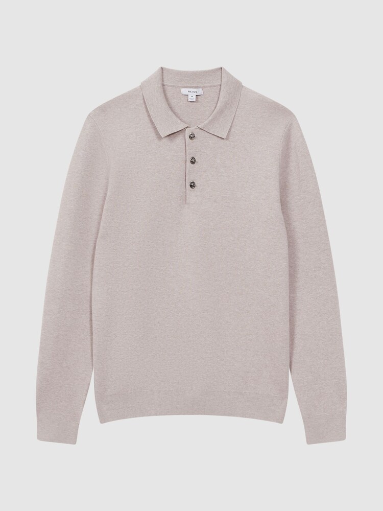 Reiss Oatmeal Melange Sharp Long Sleeve Polo Shirt - Image 2 of 6