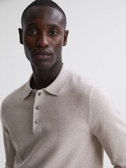 Reiss Oatmeal Melange Sharp Long Sleeve Polo Shirt - Image 4 of 6