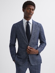 Reiss Indigo Barrett Slim Fit Single Breasted Wool-Linen Check Blazer - Image 1 of 6